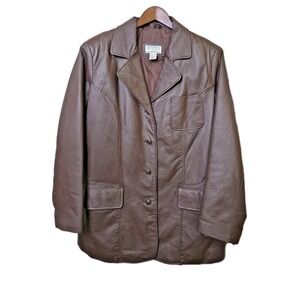 VTG Venezia Vitale Brown Leather Jacket Coat Button Front Pockets A6‎ Womens XL